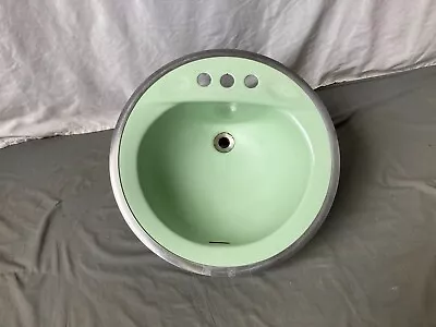 Vtg Mid Century 18  Cast Iron Pale Jadeite Green Round Drop In Bath Sink 450-23E • $395