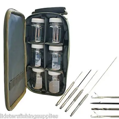 NEW Q DOS GREEN FISHING 6 GLUG POTS HOLDER BAG CARP + 4pc Baiting Tool Set  • £15.95