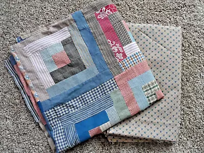 VINTAGE FEED SACK QUILT TOP~ALL HAND PIECED~  LOG CABIN  ~74 X 74 ~with BACKING • $214