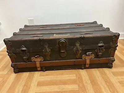 Vintage WOOD STEAMER TRUNK W Tray Chest Coffee Table Storage Box Antique Decor • $149.99