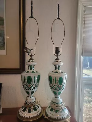 2 Bohemian Czech Moser? White Opaline Glass Overlay Cut To Emerald Green Lamps • $480