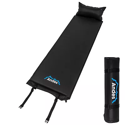 Andes Self Inflating Camping Travel Mat With Pillow Hiking Roll Mattress Black • £19.99