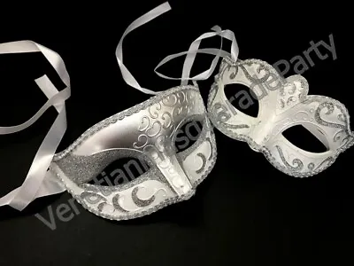 Silver White Masquerade Wedding Mask Set Bridal Shower Costume Dance Party • $16.15