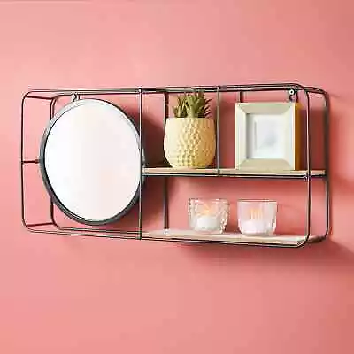 Mirror With Shelf Wall Mounted Black Metal Frame Bathroom Display New • £21.99