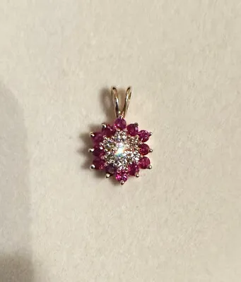 Vintage Signed 14K Yellow Gold & Ruby & Diamond Cluster Pendant Charm • $495