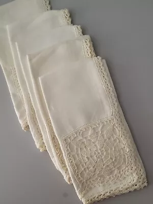 Vintage Embroidered Crocheted Ivory Beige Off White Dinner Napkins LOT OF 5 • $12.25