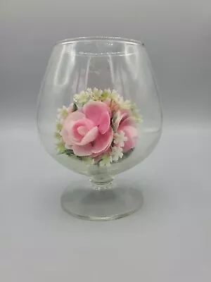 Vintage Glass Bowl Plastic Flowers Pink Rose Centerpiece Dish • $13