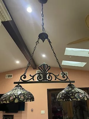 Vintage Tiffany Style Stained Glass Hanging 2-Light Chandelier Ceiling Fixture • $94