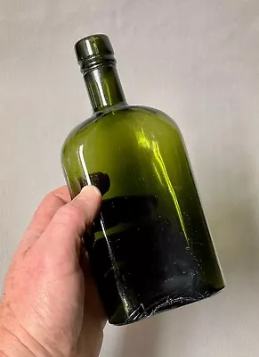 Large Vintage Dark Green Glass Curved Hip Flask Whiskey Bottle • $17.99
