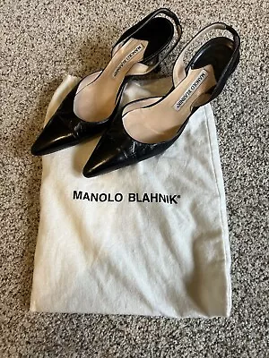 Manolo Blahnik Carolyne Slingback Pumps Black Patent Leather Kitten 37.5 / 7.5 • $93