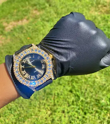 Unisex Iced Luxury Gold Finished Hip Hop Lab Diamond Black Bling Silicone Watch • $18.18