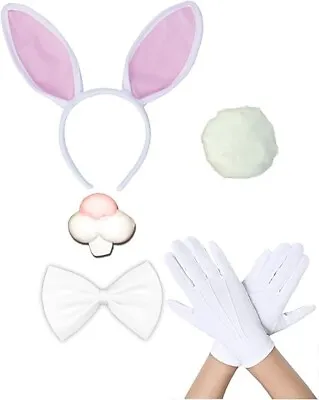 Rabbit Bunny Ears Headband + Nose + Bowtie + Tail + White Gloves Set For Unisex • £4.99