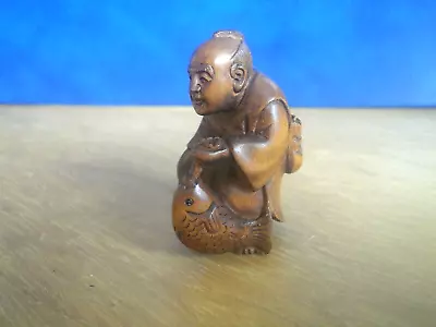 £24.99 • Buy Hand Carved Wood Netsuke Japanese Fisherman With Fish And Stick Figure    ..1