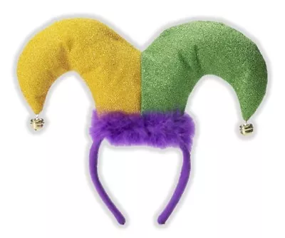 Mardi Gras Mini Jester Hat Headband Purple Glitter Marabou Bells Festival Prop • $5.95