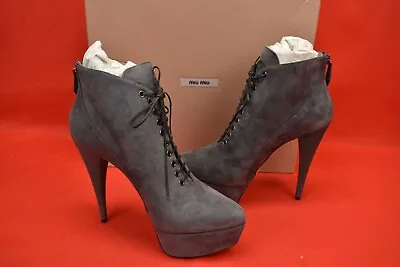 Miu Miu Prada 5tp175 Gray Suede Lace-up Ankle Platform Heel Boots 37.5 Italy • $325