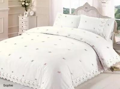 Rapport Sophie Embroidered Roses Lace Trim Double Duvet Set CHEAPEST ON EBAY • £28.85