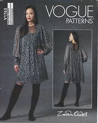 Vogue V1763 ZANDRA RHODES Baby Doll Dress W Cuffed Bishop Sleeves Sz 16-24 UNCUT • $14.95