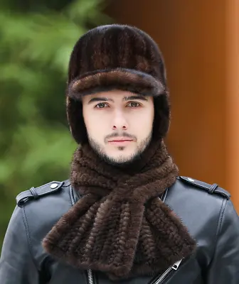 Men's One Set Winter Warm Real Mink Fur Hat + Scarf Peaked Headgear Dicer Beret  • $146.20