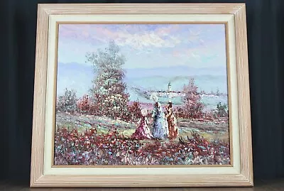 Victorian Ladies Landscape W Village Painting 24 X 20 Marie Charlot Attribution • $105