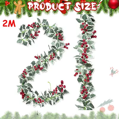 200cm Christmas Fake Red Berries Garland Artificial Greenery Holly Leaves Decor • £2.99