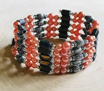 Therapeutic Magnetic Hematite Bead Wrap Bracelet Necklace Silver Plate Peach 36” • $14.95
