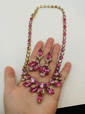 Vintage Signed Designer Eisenberg Pink Rhinestone Necklace Clip On Earrings Set • $195
