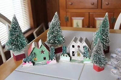 Lot Of 2 Mica Putz Village Houses + 4 Bottle Brush Trees All Made In Japan • $49