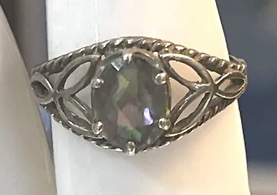 Vintage Sterling Silver Oval Facet Mystic Topaz Stone Filigree Sides Size 6 Ring • $37.49