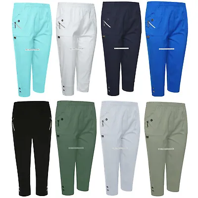 Ladies Womens Capri Cigarette Pants Three Quarter Cropped Button Trousers Sale • £12.99