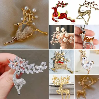 Elegant Christmas Crystal Pearl Elk Deer Animals Brooch Pin Women Jewelry Gift • $1.92