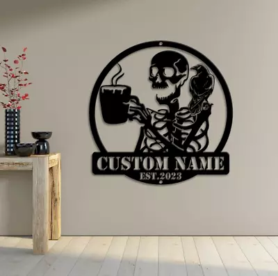 Custom Skeleton Coffee Raven Metal Wall Art Personalized Skull Crow Name Sign • $28.99