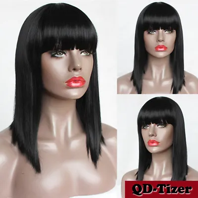$19.90 • Buy Women's Black Bob Wig Short Straight Synthetic Fiber Hair Full Bangs Cosplay Wig