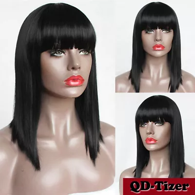 Women's Black Bob Wig Short Straight Synthetic Fiber Hair Full Bangs Cosplay Wig • $19.90