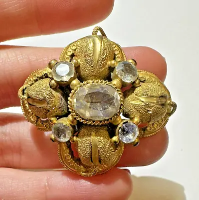 Victorian Maltese Cross Gold Tone Rhinestones Etched Brooch Pin • $80.99