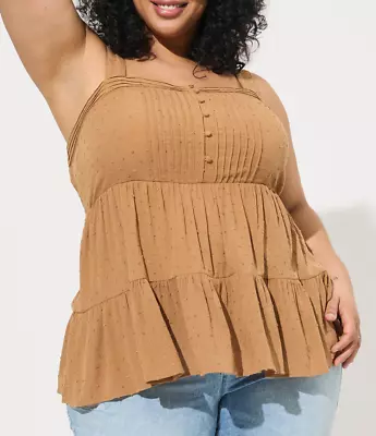 NWT Torrid 0 Swiss Clip Dot Washable Gauze Tiered Ruffle Pin Tucks Tank Top L 12 • £23.15