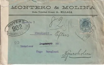 SPAIN: Censored Cover Malaga To Sweden 1916. Arr.canc. Redirected. • $11.25