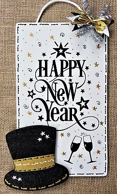 HAPPY NEW YEAR SIGN Wall Door Hanger Plaque Wreath Accent Holographic Glitter • $13