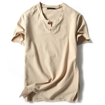 Retro Men Casual Cotton Linen Short Sleeve V-Neck T-shirt Top Blouse Tee Loose • $11.99