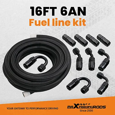 6AN 16FT Fuel Line Hose  Kit Nylon Stainless Steel Braided Hose Fitting  Black • $45.90