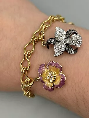 Nolan Miller Glamour Collection Orchid Flower 5 Charms Gold Tone Bracelet 7.25” • $53.99