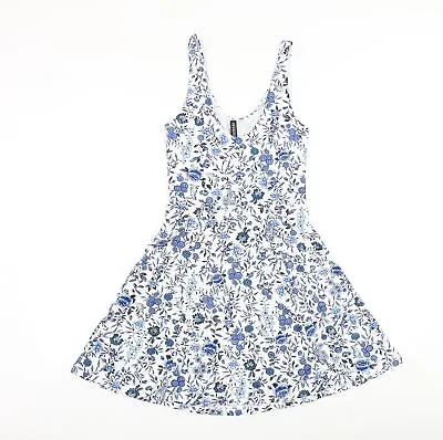 H&M Womens Blue Floral Polyester Skater Dress Size 8 Scoop Neck Pullover • £5