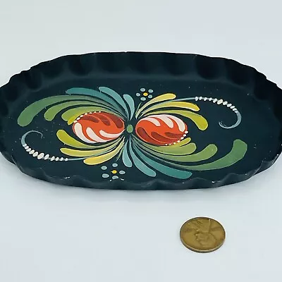 Vintage Hand Painted Metal Toleware Tray Trinket Tray 5.5 X 3.5 Abstract Florals • $22.50