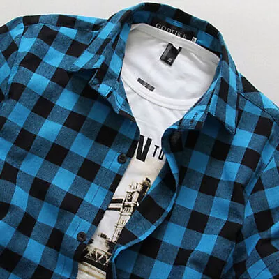 New Men Casual Plaid Flannel Shirt Short Sleeved Chest With Pocket Design Fashio • £7.74