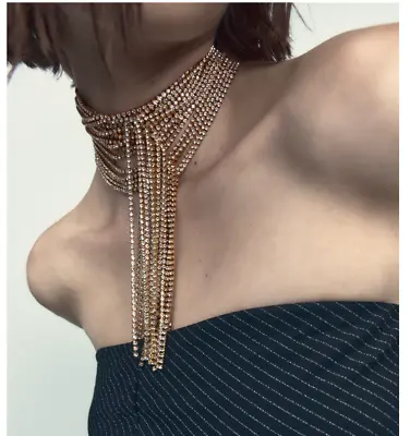 $59 • Buy Zara New Woman Metal Tie Necklace With Rhinestones Golden  4548/271