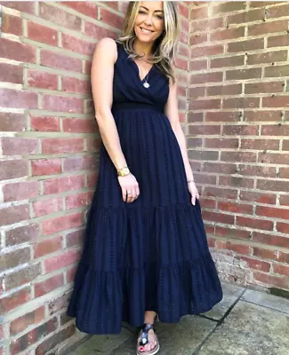 MARKS & SPENCER M&S Per Una Navy Cotton Broderie Anglaise Summer Midaxi Dress 8 • £10