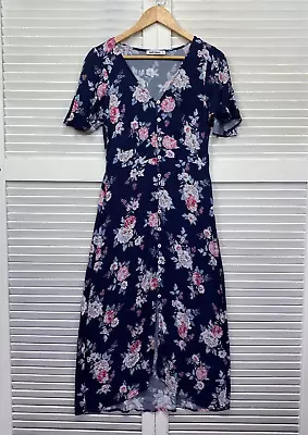 Just Jeans Maxi Dress 10 Blue Short Sleeve V Neck Floral Viscose Button Up • $27.95