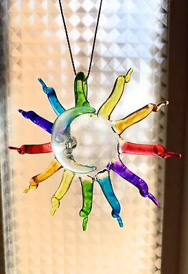 Hanging Sun And Moon Figurine Of Blown Glass Painted Rainbow Art Glass • $21.28