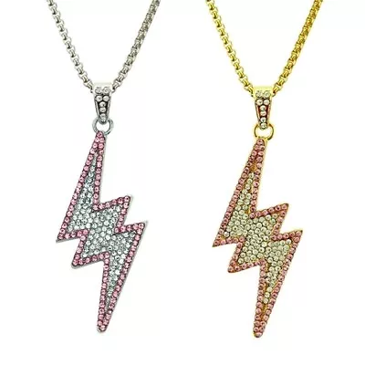 LIGHTNING BOLT NECKLACE 2  CZ Crystal Pendant Silver Gold Pink Elvis Presley TCB • £16.82