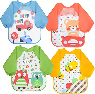 Vicloon Bibs With Sleeves 4 Pcs EVA Baby Bib Waterproof Long Sleeve Bib Unisex • £7.48