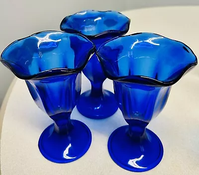 Vintage Set 3 Cobalt Blue Parfait Glass Ice Cream Sundae Dish Fluted 6  Tall • $12.99